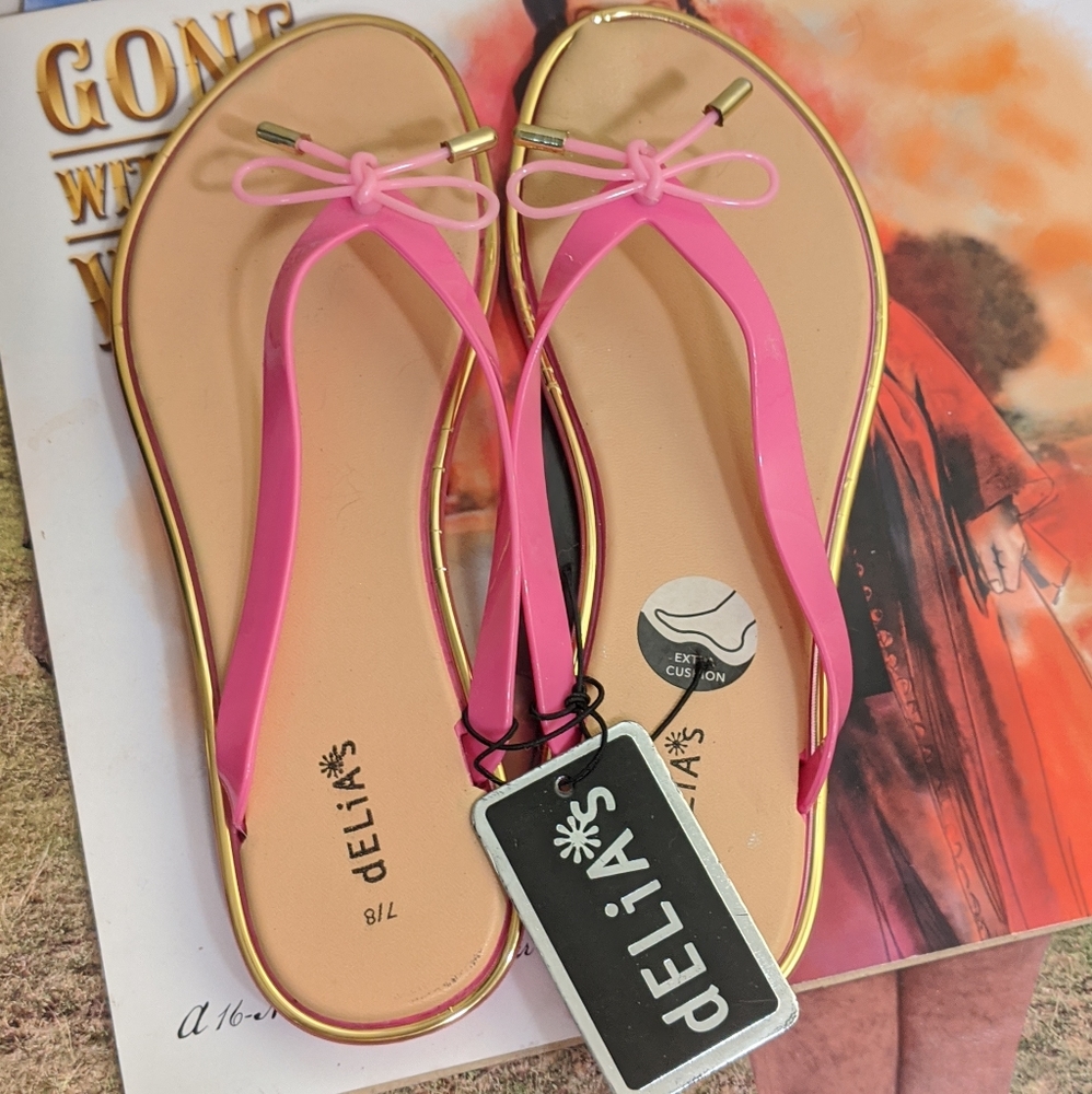 Y2K dELiA's Barbie Pink Jelly Flip Flop Thong Summer Sandal With Bow 7/8